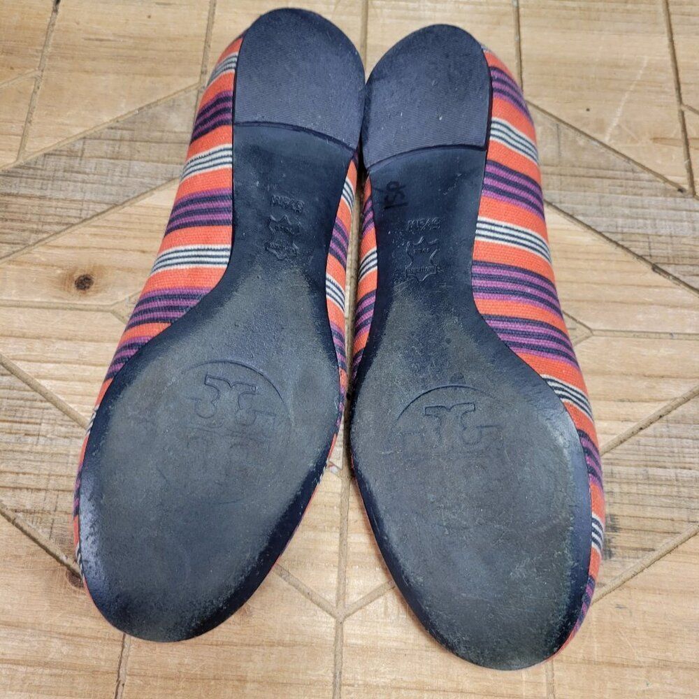 Tory Burch Reva Bauer 5.5M Ballet Flats Slip On Shoes Red Multi Stripe Canvas - Picture 8 of 11